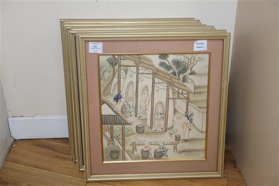 19th century Chinese School, set of eight woodblock prints, Figures producing porcelain and other subjects, 35 x 33cm